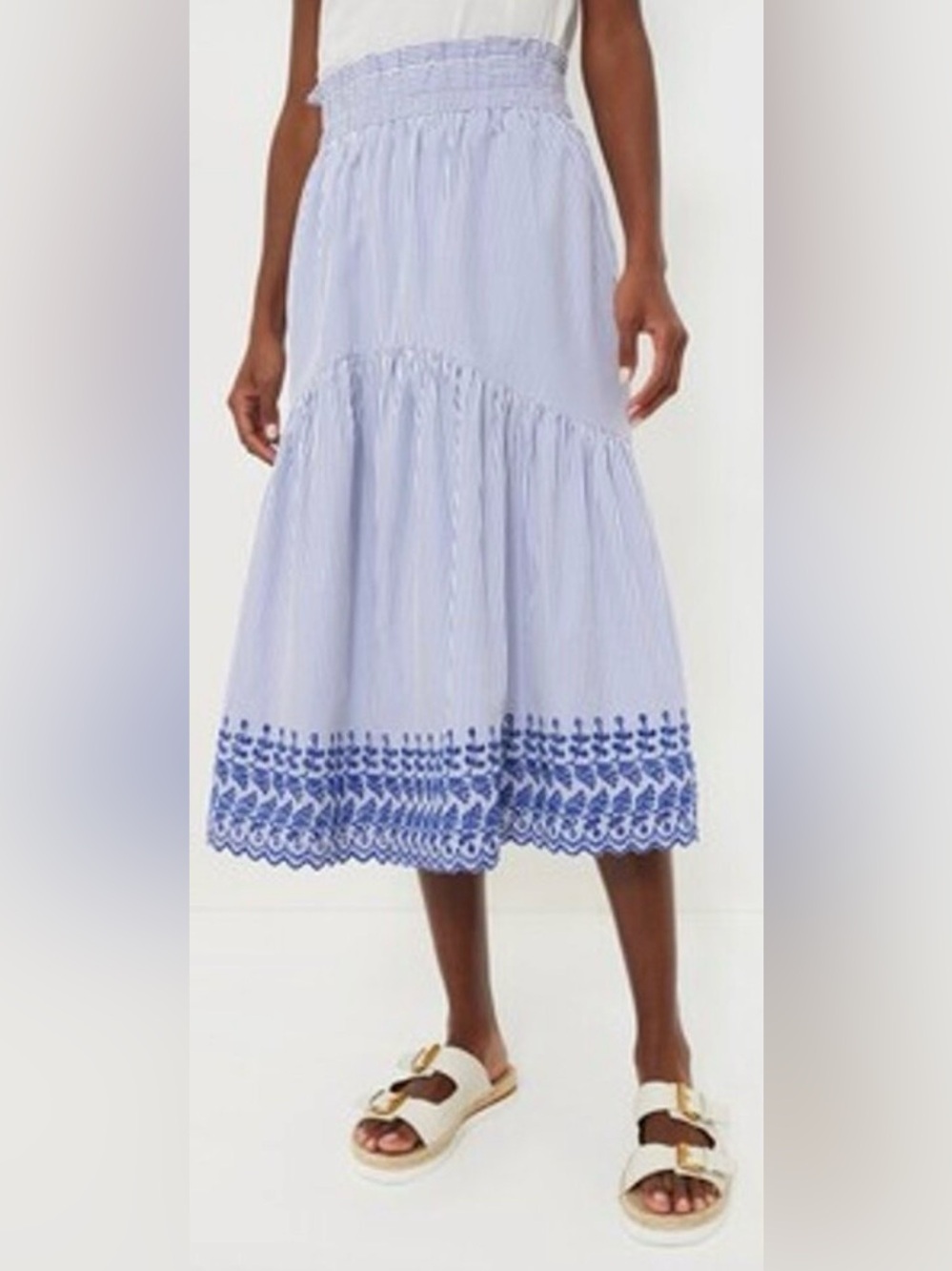 Tuckernuck NEW Blue White Eyelet Stripe Cinza Embroidered Midi Skirt Size XXL